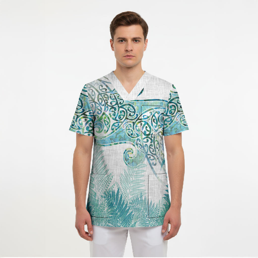 Aotearoa Maori Koru Curves Scrub Top Mossy Paua Shell