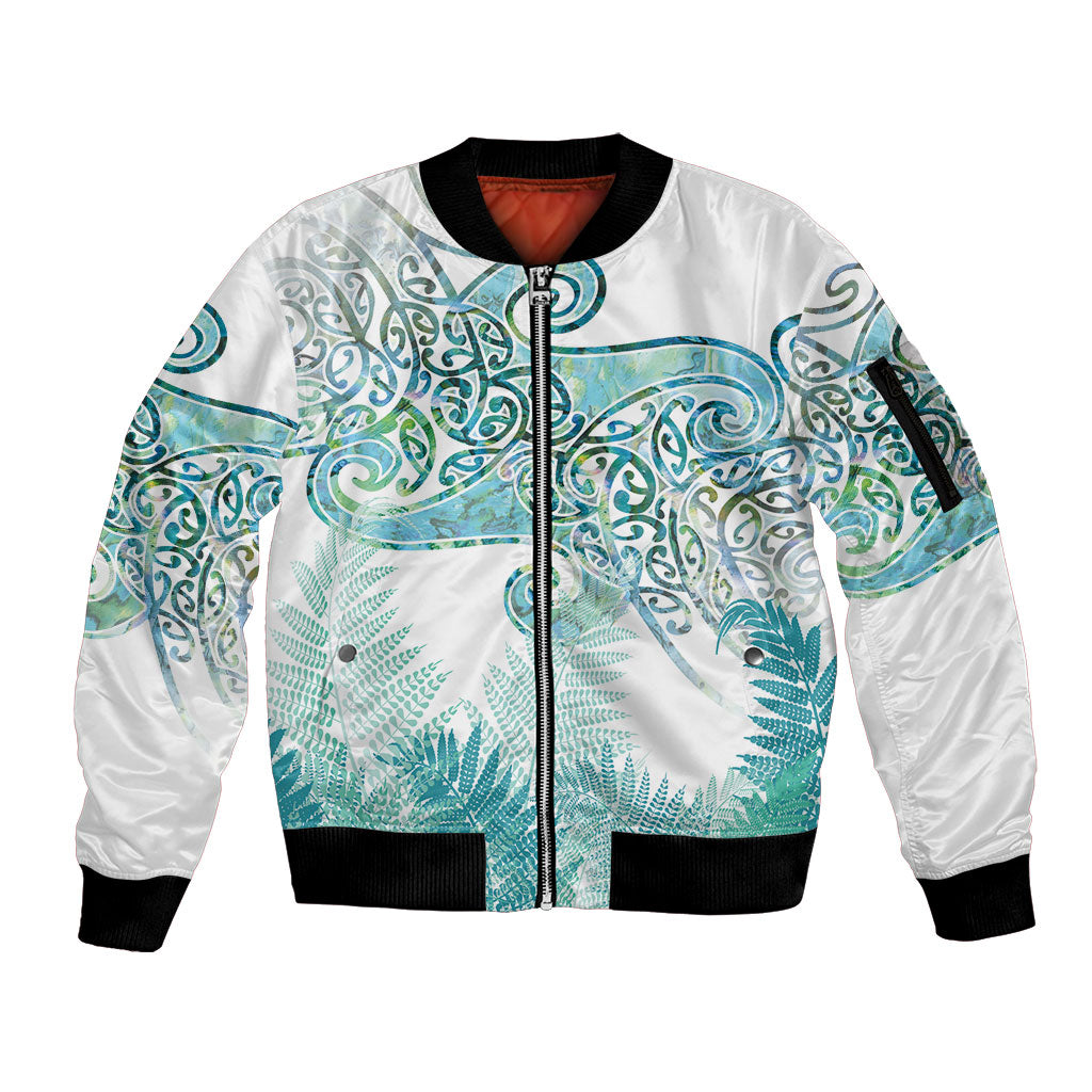 Aotearoa Maori Koru Curves Sleeve Zip Bomber Jacket Mossy Paua Shell
