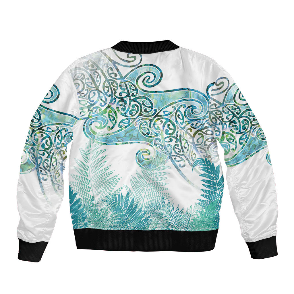 Aotearoa Maori Koru Curves Sleeve Zip Bomber Jacket Mossy Paua Shell