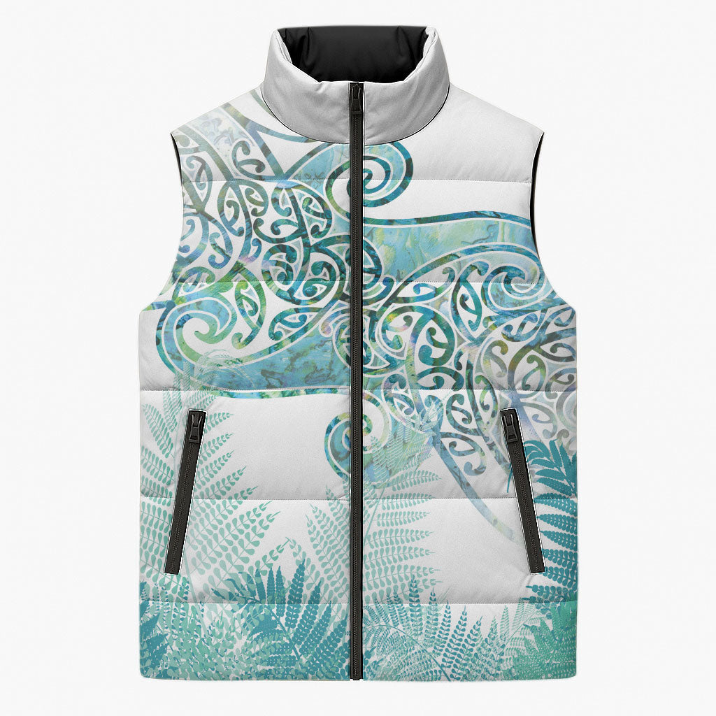 Aotearoa Maori Koru Curves Sleeveless Puffer Jacket Mossy Paua Shell