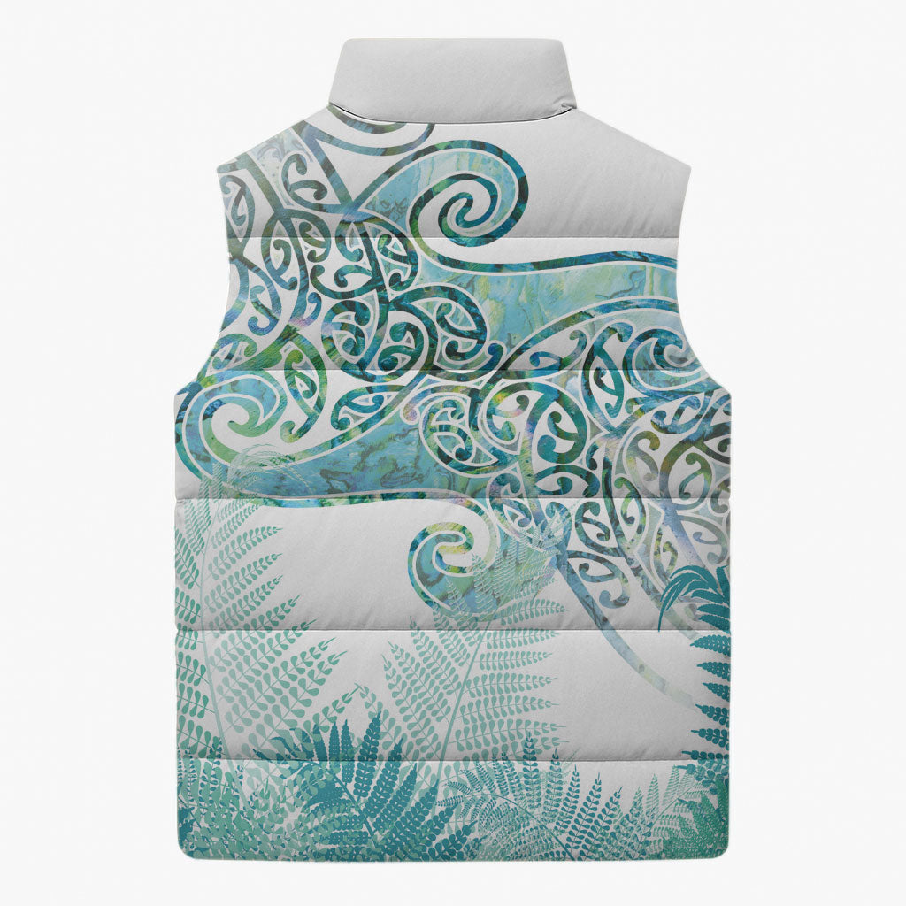 Aotearoa Maori Koru Curves Sleeveless Puffer Jacket Mossy Paua Shell