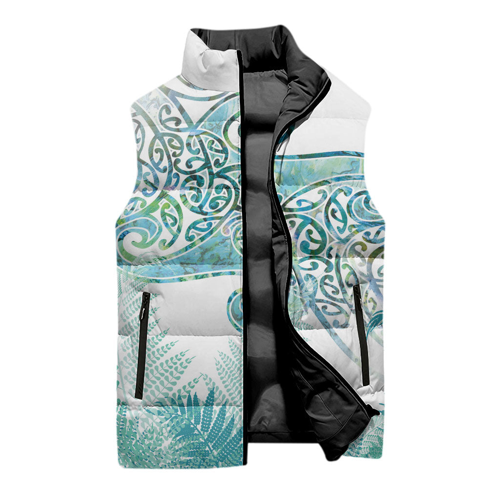 Aotearoa Maori Koru Curves Sleeveless Puffer Jacket Mossy Paua Shell