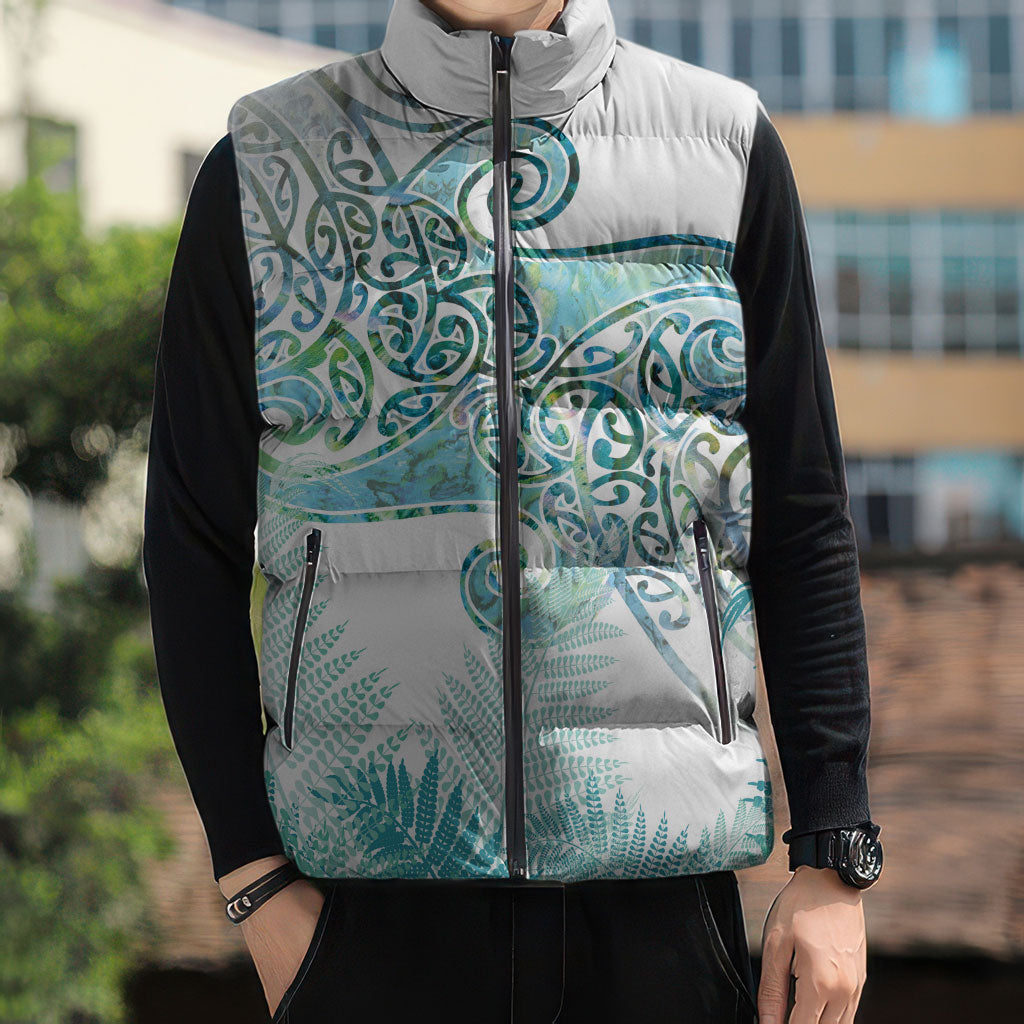Aotearoa Maori Koru Curves Sleeveless Puffer Jacket Mossy Paua Shell