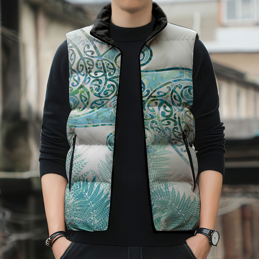 Aotearoa Maori Koru Curves Sleeveless Puffer Jacket Mossy Paua Shell