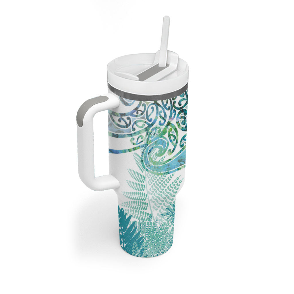 Aotearoa Maori Koru Curves Tumbler With Handle Mossy Paua Shell