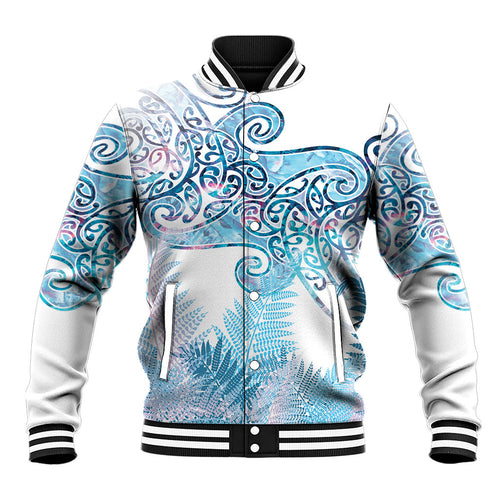 Aotearoa Maori Koru Curves Baseball Jacket Aqua Paua Shell
