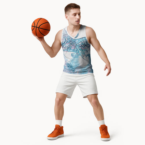 Aotearoa Maori Koru Curves Basketball Jersey Aqua Paua Shell