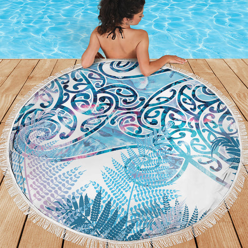Aotearoa Maori Koru Curves Beach Blanket Aqua Paua Shell
