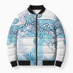 Aotearoa Maori Koru Curves Bomber Puffer Jacket Aqua Paua Shell