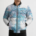 Aotearoa Maori Koru Curves Bomber Puffer Jacket Aqua Paua Shell