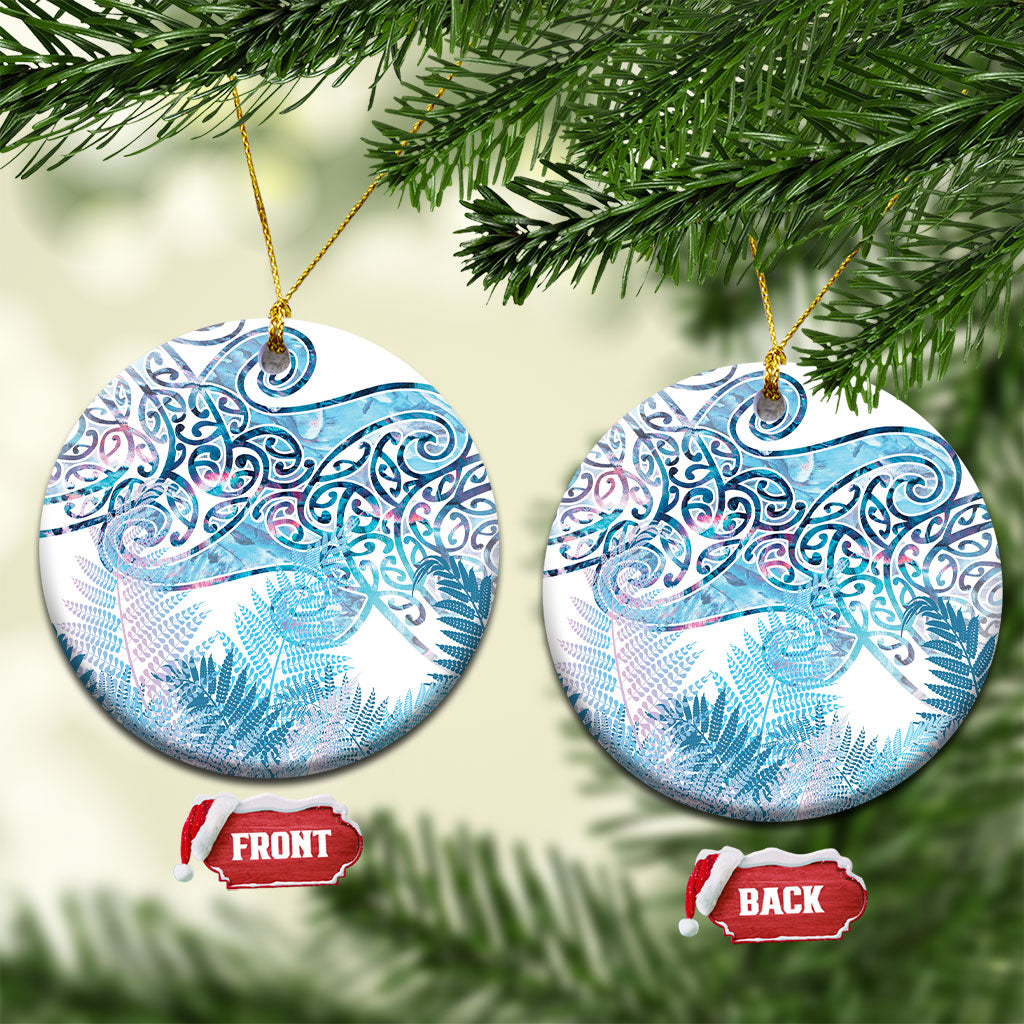 Aotearoa Maori Koru Curves Ceramic Ornament Aqua Paua Shell