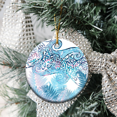 Aotearoa Maori Koru Curves Ceramic Ornament Aqua Paua Shell