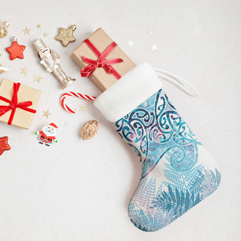 Aotearoa Maori Koru Curves Christmas Stocking Aqua Paua Shell