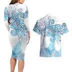 Aotearoa Maori Koru Curves Couples Matching Long Sleeve Bodycon Dress and Hawaiian Shirt Aqua Paua Shell