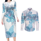 Aotearoa Maori Koru Curves Couples Matching Long Sleeve Bodycon Dress and Long Sleeve Button Shirt Aqua Paua Shell