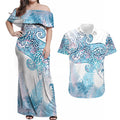 Aotearoa Maori Koru Curves Couples Matching Off Shoulder Maxi Dress and Hawaiian Shirt Aqua Paua Shell