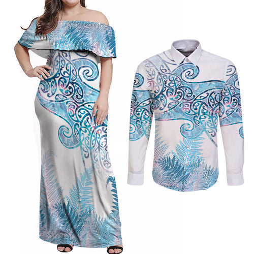 Aotearoa Maori Koru Curves Couples Matching Off Shoulder Maxi Dress and Long Sleeve Button Shirt Aqua Paua Shell