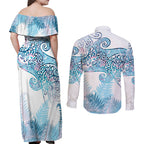 Aotearoa Maori Koru Curves Couples Matching Off Shoulder Maxi Dress and Long Sleeve Button Shirt Aqua Paua Shell
