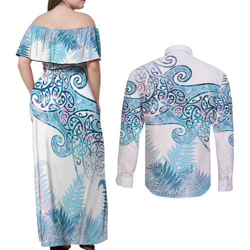 Aotearoa Maori Koru Curves Couples Matching Off Shoulder Maxi Dress and Long Sleeve Button Shirt Aqua Paua Shell