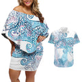 Aotearoa Maori Koru Curves Couples Matching Off Shoulder Short Dress and Hawaiian Shirt Aqua Paua Shell