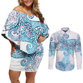 Aotearoa Maori Koru Curves Couples Matching Off Shoulder Short Dress and Long Sleeve Button Shirt Aqua Paua Shell