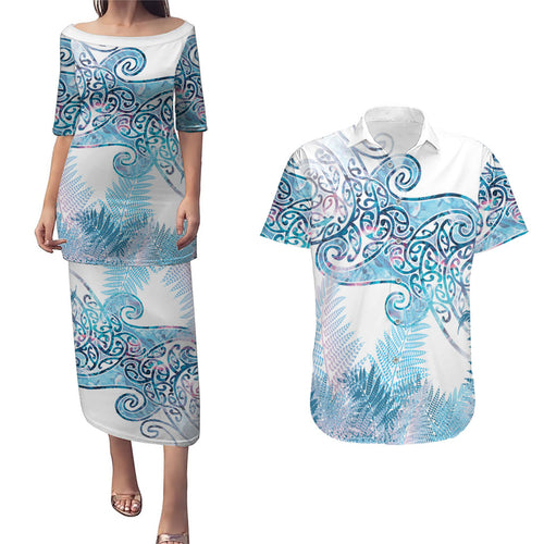 Aotearoa Maori Koru Curves Couples Matching Puletasi and Hawaiian Shirt Aqua Paua Shell