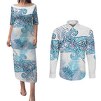 Aotearoa Maori Koru Curves Couples Matching Puletasi and Long Sleeve Button Shirt Aqua Paua Shell