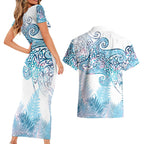 Aotearoa Maori Koru Curves Couples Matching Short Sleeve Bodycon Dress and Hawaiian Shirt Aqua Paua Shell