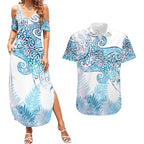 Aotearoa Maori Koru Curves Couples Matching Summer Maxi Dress and Hawaiian Shirt Aqua Paua Shell