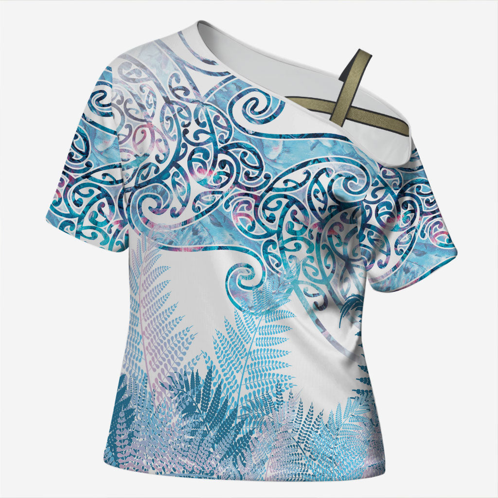 Aotearoa Maori Koru Curves Cross Shoulder Shirt Aqua Paua Shell
