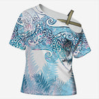Aotearoa Maori Koru Curves Cross Shoulder Shirt Aqua Paua Shell