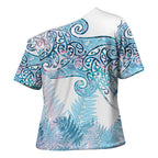 Aotearoa Maori Koru Curves Cross Shoulder Shirt Aqua Paua Shell