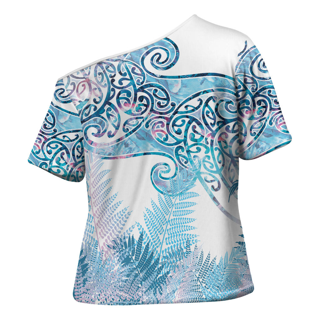 Aotearoa Maori Koru Curves Cross Shoulder Shirt Aqua Paua Shell