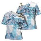 Aotearoa Maori Koru Curves Cross Shoulder Shirt Aqua Paua Shell