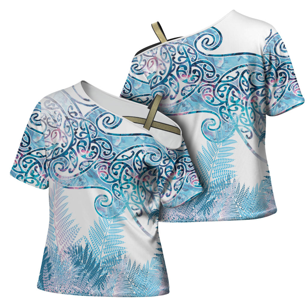 Aotearoa Maori Koru Curves Cross Shoulder Shirt Aqua Paua Shell