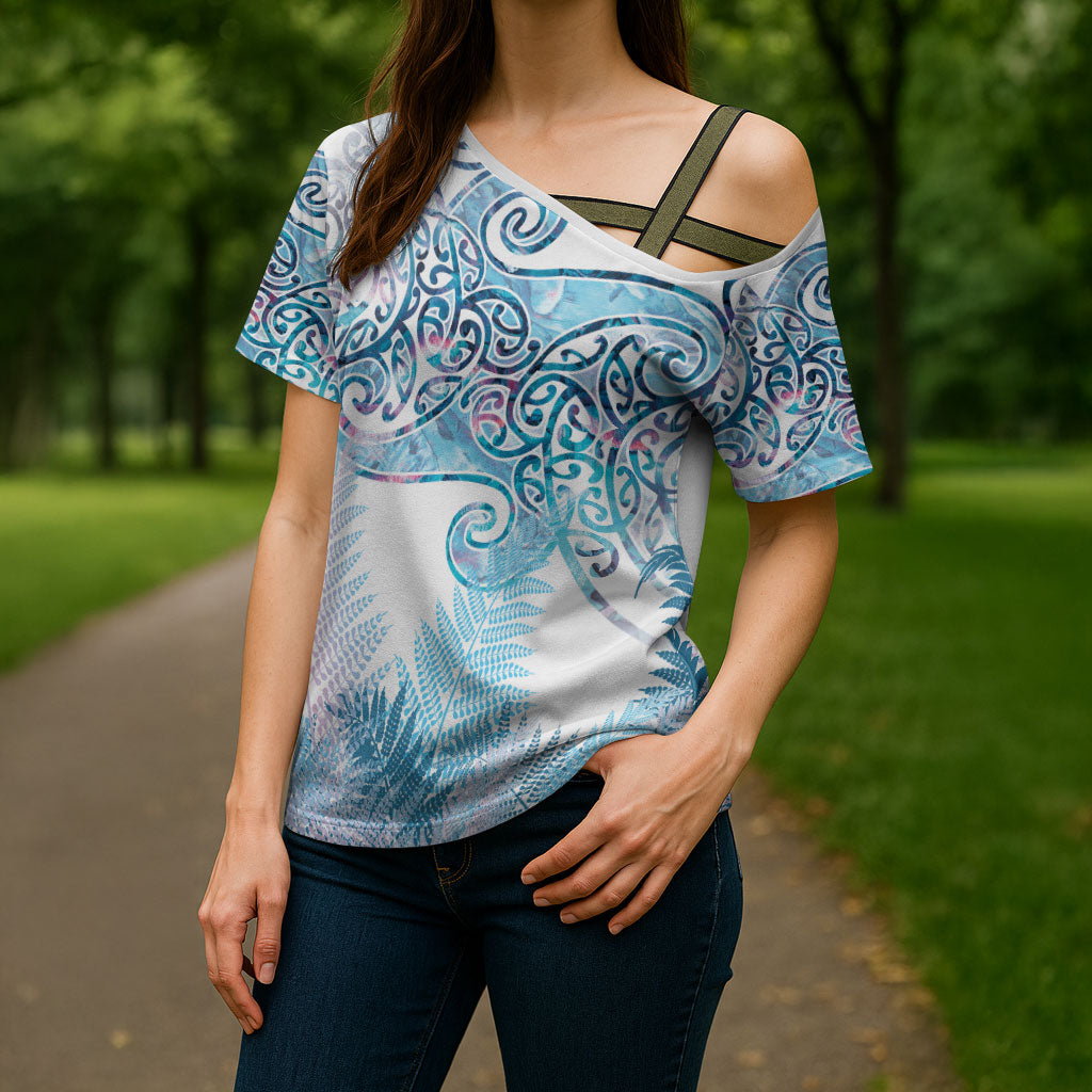 Aotearoa Maori Koru Curves Cross Shoulder Shirt Aqua Paua Shell