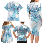 Aotearoa Maori Koru Curves Family Matching Long Sleeve Bodycon Dress and Hawaiian Shirt Aqua Paua Shell