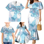 Aotearoa Maori Koru Curves Family Matching Mermaid Dress and Hawaiian Shirt Aqua Paua Shell
