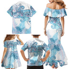 Aotearoa Maori Koru Curves Family Matching Mermaid Dress and Hawaiian Shirt Aqua Paua Shell