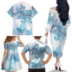 Aotearoa Maori Koru Curves Family Matching Off The Shoulder Long Sleeve Dress and Hawaiian Shirt Aqua Paua Shell