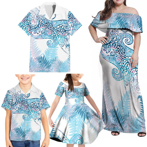 Aotearoa Maori Koru Curves Family Matching Off Shoulder Maxi Dress and Hawaiian Shirt Aqua Paua Shell