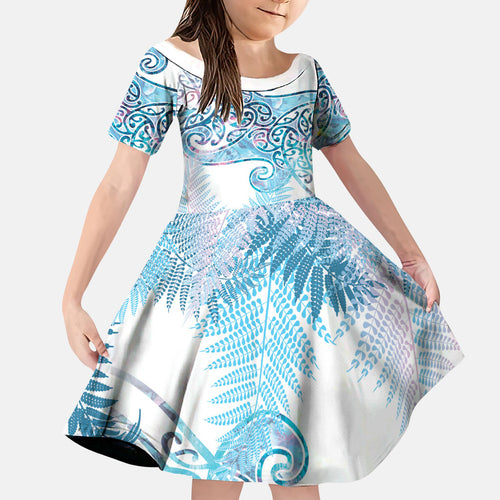 Aotearoa Maori Koru Curves Family Matching Off Shoulder Short Dress and Hawaiian Shirt Aqua Paua Shell