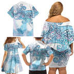 Aotearoa Maori Koru Curves Family Matching Off Shoulder Short Dress and Hawaiian Shirt Aqua Paua Shell