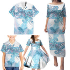 Aotearoa Maori Koru Curves Family Matching Puletasi and Hawaiian Shirt Aqua Paua Shell