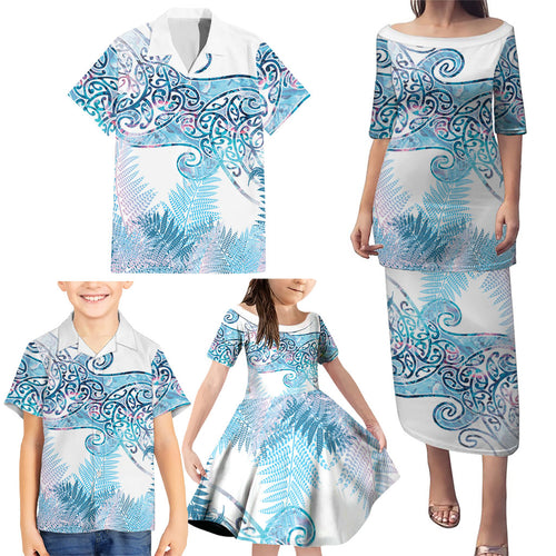 Aotearoa Maori Koru Curves Family Matching Puletasi and Hawaiian Shirt Aqua Paua Shell