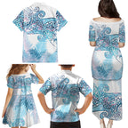 Aotearoa Maori Koru Curves Family Matching Puletasi and Hawaiian Shirt Aqua Paua Shell