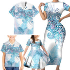 Aotearoa Maori Koru Curves Family Matching Short Sleeve Bodycon Dress and Hawaiian Shirt Aqua Paua Shell