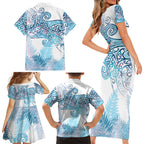 Aotearoa Maori Koru Curves Family Matching Short Sleeve Bodycon Dress and Hawaiian Shirt Aqua Paua Shell