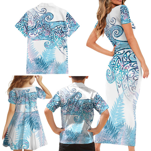 Aotearoa Maori Koru Curves Family Matching Short Sleeve Bodycon Dress and Hawaiian Shirt Aqua Paua Shell