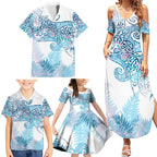 Aotearoa Maori Koru Curves Family Matching Summer Maxi Dress and Hawaiian Shirt Aqua Paua Shell